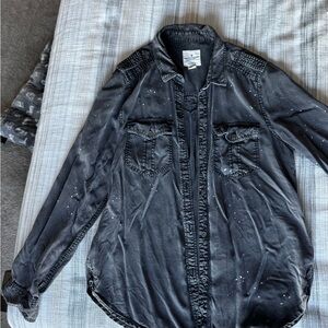 American Eagle Outfitters Charcoal Denim Shirt with white paint splash